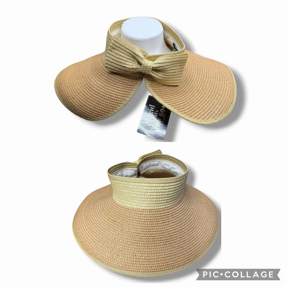 MAGID HAT Natural Straw Sun VISOR Floppy Beach WIDE BRIM Bow Packable UPF 50 New